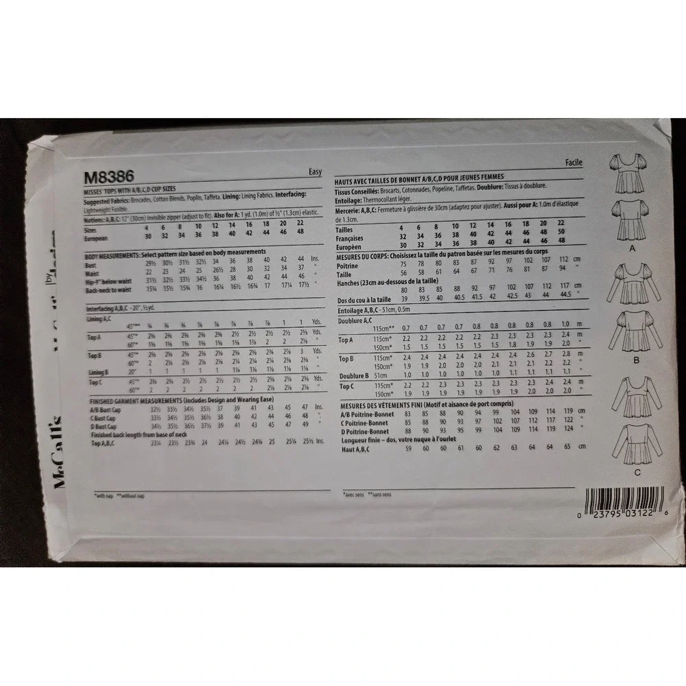 McCalls M8386 Misses Tops Sewing Pattern A/B C/D Cup Sizes Uncut Size 4-12